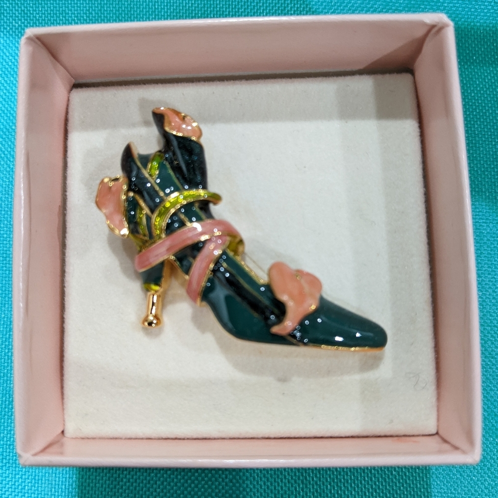Vintage Signed Kenneth Jay Lane Sterling Enamel High Heel Shoe Pin Original Box
